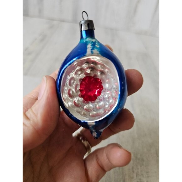 Vintage Mercury glass indent teardrop blue striped flocked ornament Xmas tree - Picture 8 of 13